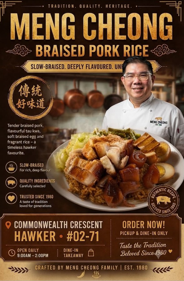 Meng Cheong Braised Pork Rice poster — slow-braised pork, tau kwa, braised egg and fragrant rice at Commonwealth Crescent Food Centre, est. 1980